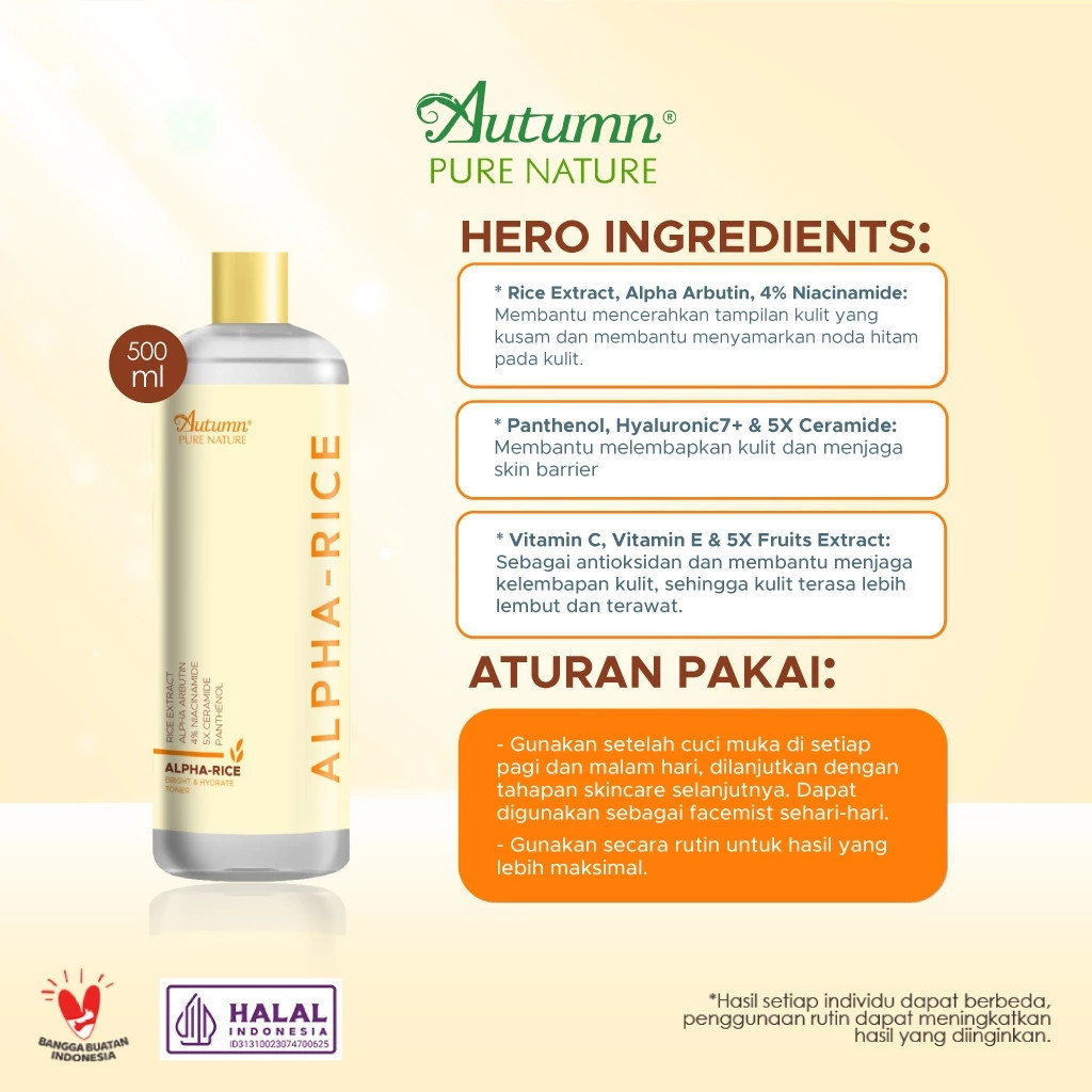 autumn alpha rice bright hydrate toner 100ml and 500ml/toner wajah autumn alpha rice bright hydrate toner 100ml and 500ml/toner wajah