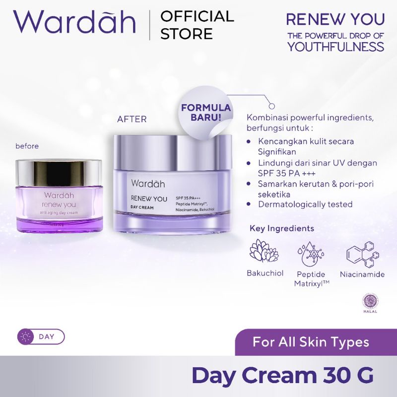 wardah renew you anti aging day cream spf 35 pa+++/pelembab wajah wardah renew you anti aging day cream spf 35 pa+++/pelembab wajah
