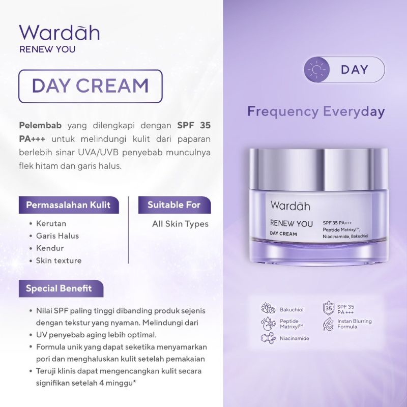 wardah renew you anti aging day cream spf 35 pa+++/pelembab wajah wardah renew you anti aging day cream spf 35 pa+++/pelembab wajah