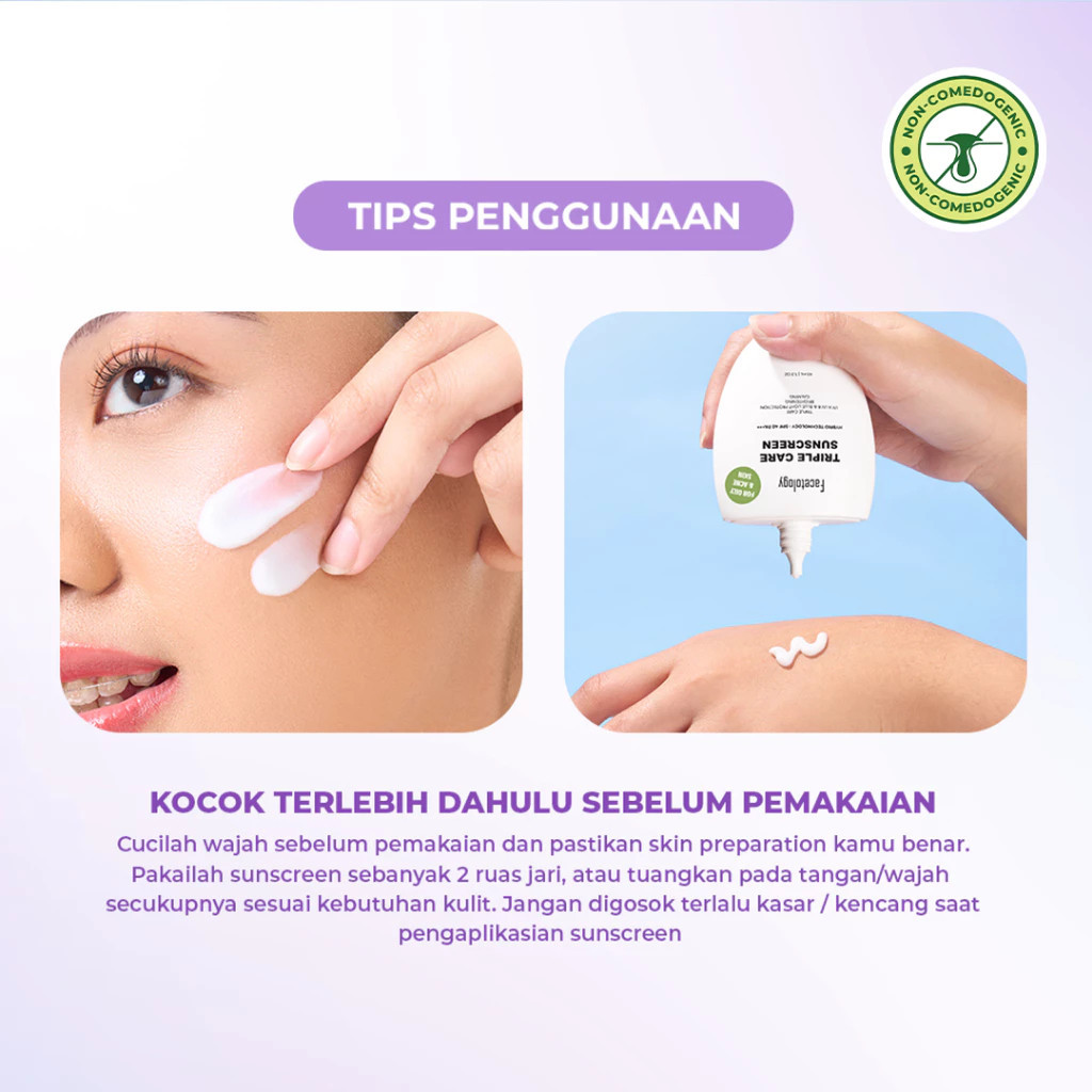 facetology triple care sunscreen for acne and oily skin spf 40 pa+++ 40ml and 100ml/tabir surya