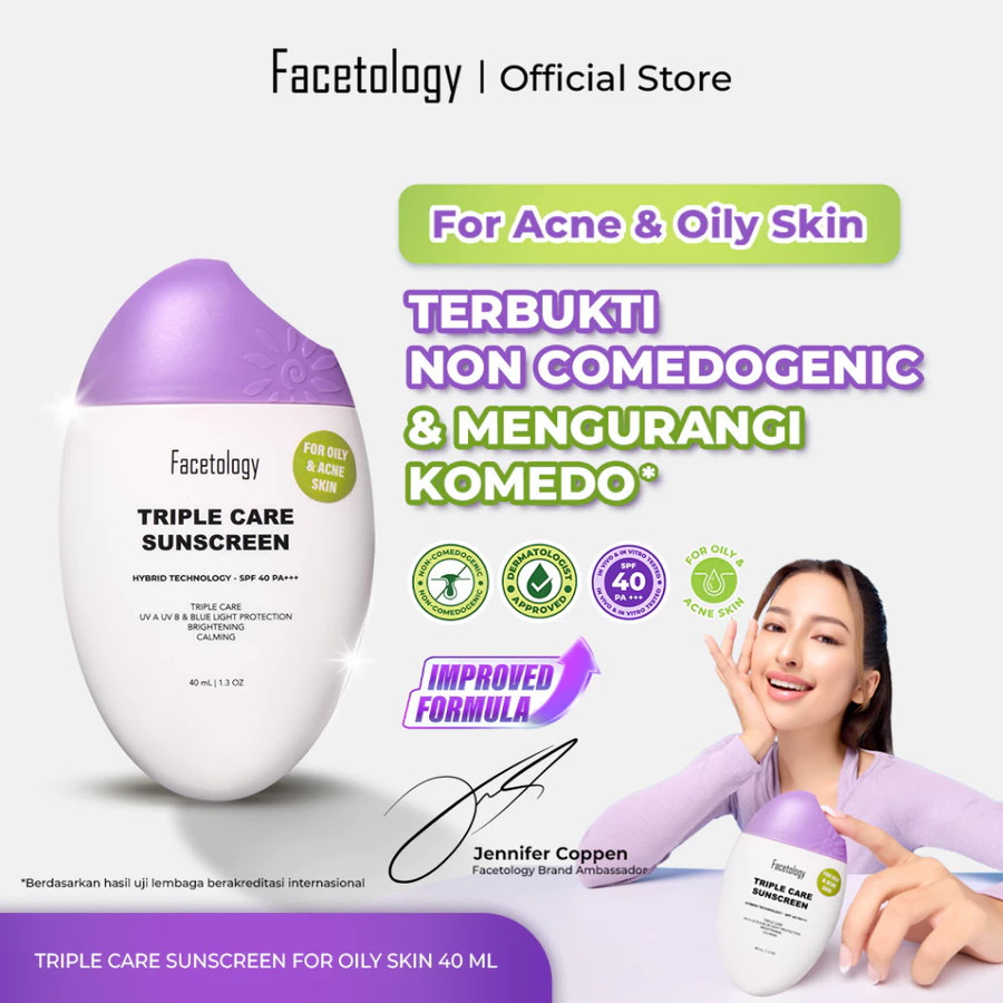 facetology triple care sunscreen for acne and oily skin spf 40 pa+++ 40ml and 100ml/tabir surya