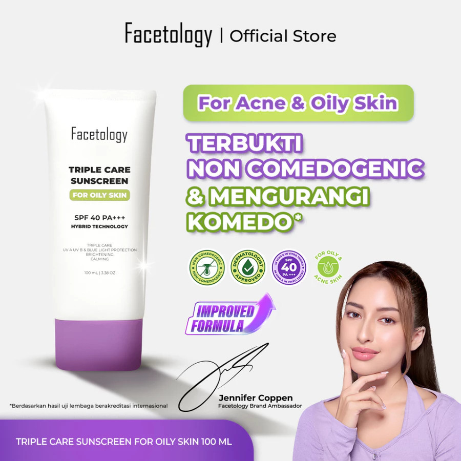 facetology triple care sunscreen for acne and oily skin spf 40 pa+++ 40ml and 100ml/tabir surya facetology triple care sunscreen for acne and oily skin spf 40 pa+++ 40ml and 100ml/tabir surya