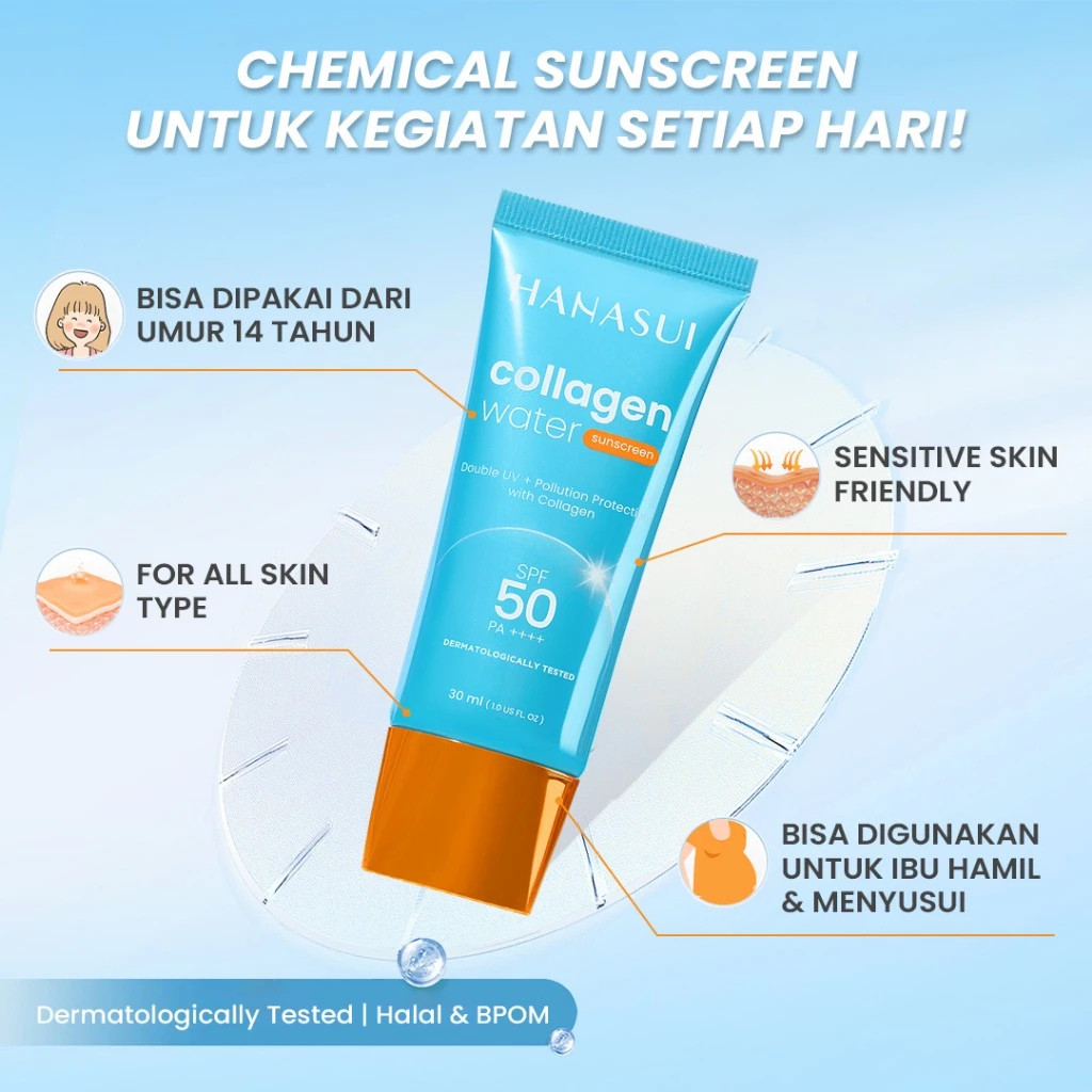 hanasui collagen water sunscreen spf 50 pa++++ 30ml / tabir surya hanasui collagen water sunscreen spf 50 pa++++ 30ml / tabir surya