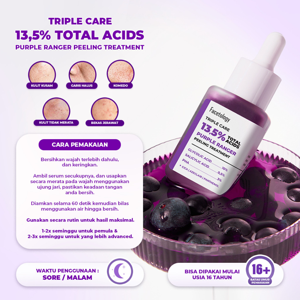 facetology triple care 13.5% total acids purple ranger peeling treatment serum 33ml/serum wajah facetology triple care 13.5% total acids purple ranger peeling treatment serum 33ml/serum wajah