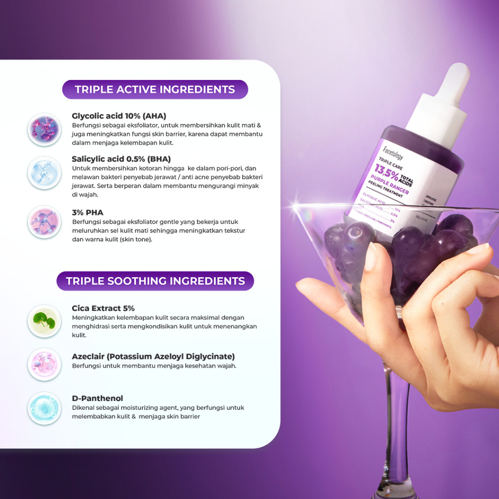 facetology triple care 13.5% total acids purple ranger peeling treatment serum 33ml/serum wajah facetology triple care 13.5% total acids purple ranger peeling treatment serum 33ml/serum wajah