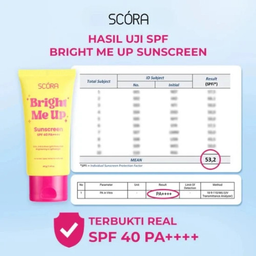 scora bright me up sunscreen spf 40 pa++++/tabir surya scora bright me up sunscreen spf 40 pa++++/tabir surya
