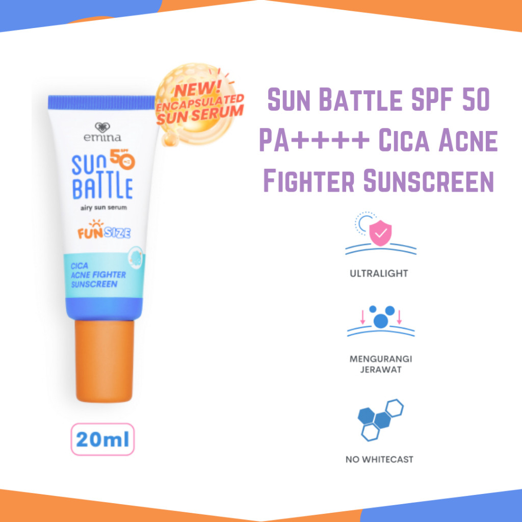 emina sun battle airy sun serum spf 50 pa++++ cica acne fighter sunscreen 20ml/tabir surya emina sun battle airy sun serum spf 50 pa++++ cica acne fighter sunscreen 20ml/tabir surya