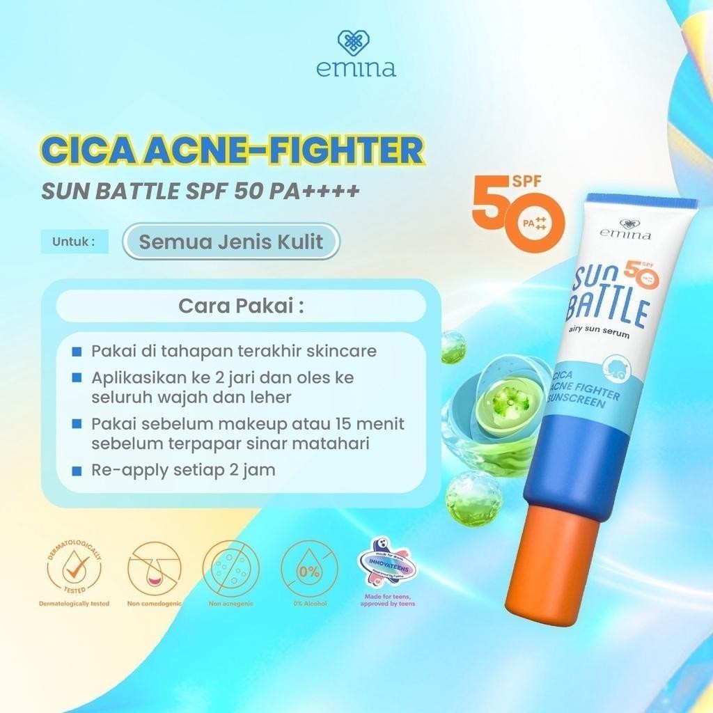 emina sun battle airy sun serum spf 50 pa++++ cica acne fighter sunscreen 20ml/tabir surya emina sun battle airy sun serum spf 50 pa++++ cica acne fighter sunscreen 20ml/tabir surya