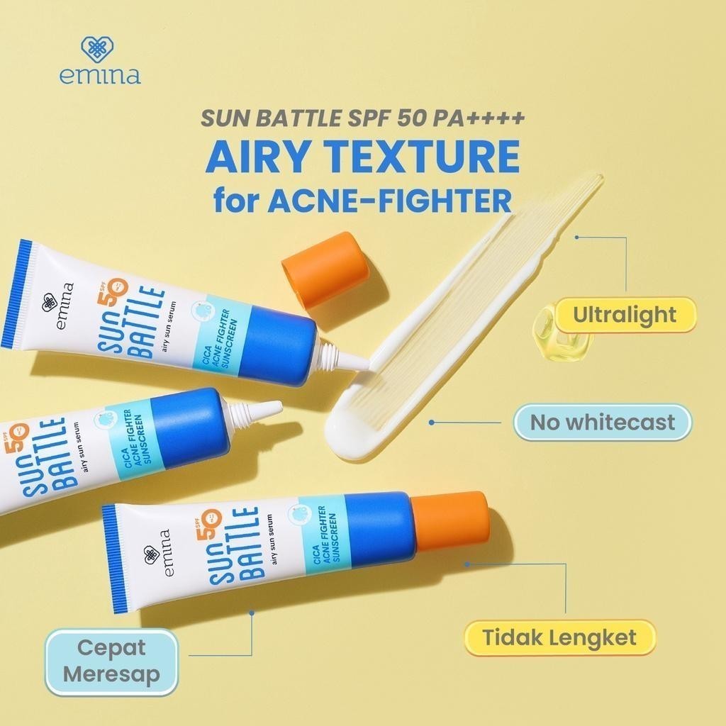 emina sun battle airy sun serum spf 50 pa++++ cica acne fighter sunscreen 20ml/tabir surya emina sun battle airy sun serum spf 50 pa++++ cica acne fighter sunscreen 20ml/tabir surya